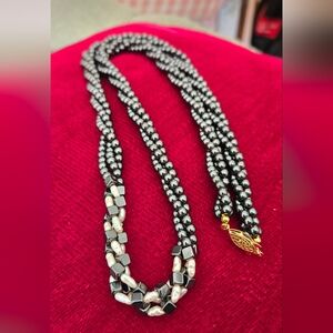 Vintage Hematite and Fresh Water Pearl 3 Strand Twisted Necklace 28"